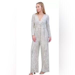 Sequin Wrap Front Long Sleeve Jumpsuit